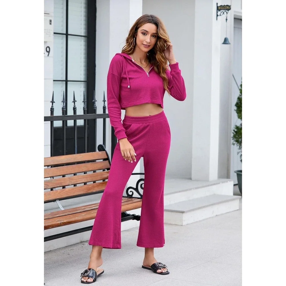 Vintage Modern Fixmatti 2 Piece Waffle Knit Crop Hoodie Flared Pants Red L